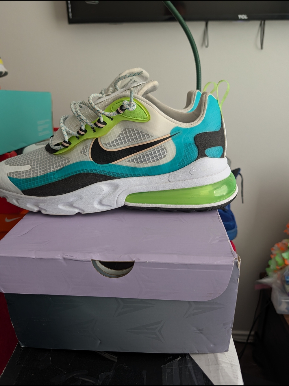 Nike Men's Air Max React in White, Teal, Neon Green, Black